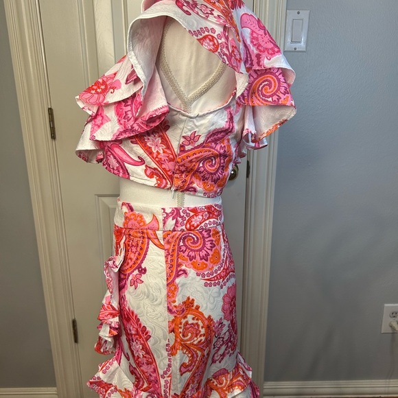 NWOT Two-Piece Ruffle Crop Top & Mini Skirt Set – Pink Paisley Print Size L - Picture 7 of 12